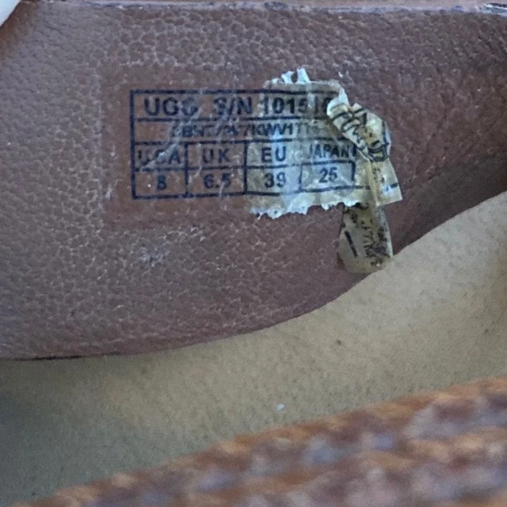 UGG Womens 8 Brown Leather Woven Espadrille Platform Wedge Sandals Earthy Beach